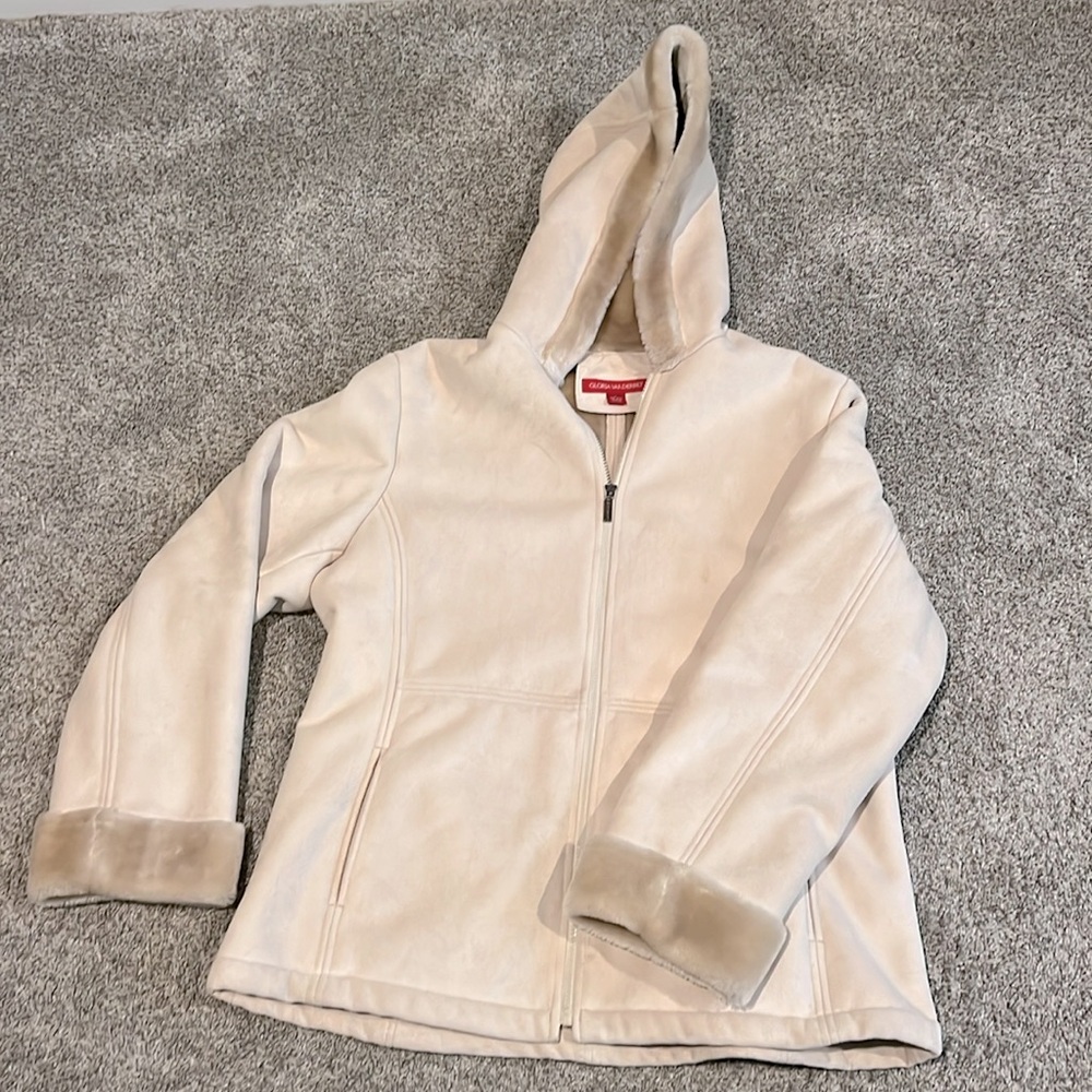 Vintage Gloria Vanderbilt Coat Womens L Beige Suede Hooded Classic Coat